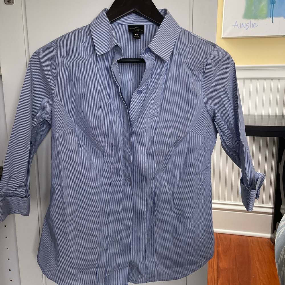 Worthington petite striped button up with cropped sleeves.
